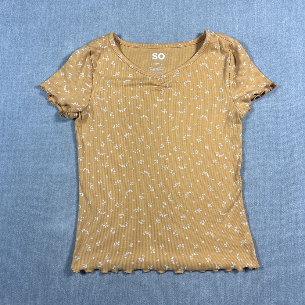 SO Girls Size 10-12 L Orange White Floral Ribbed Short Sleeve Top T-Shirt
